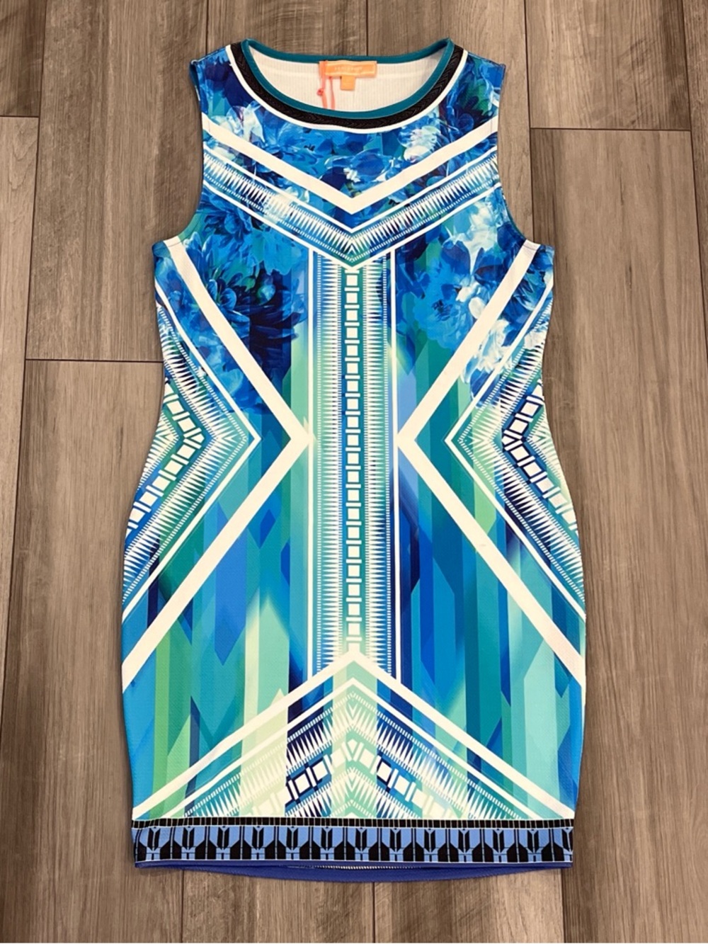 Blue Geo-Print Sleeveless Sheath Dress